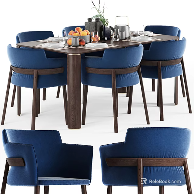 Modern Dark Wooden Dining Table Set With Blue Upholstered Chairs And Tableware 3d model