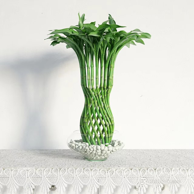Green Braided Stems Bonsai Potted Plant in Transparent Glass Container with White Pebbles 3d model 