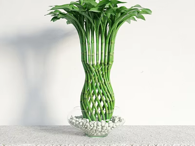 Green Braided Stems Bonsai Potted Plant in Transparent Glass Container with White Pebbles 3d model