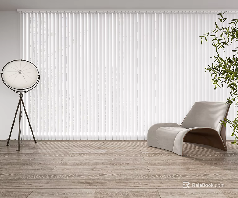 Modern Minimalist Interior With White Window Blinds Floor Lamp Gray Accent Chair And Green Plant 3d model 