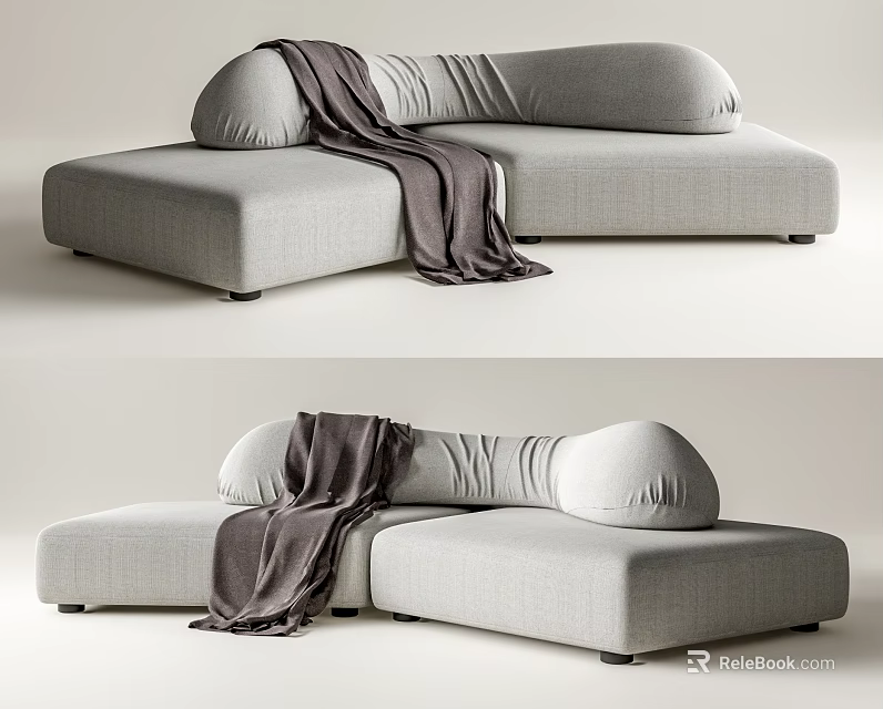 Stylish Light Gray Unique Shaped Sofa With Gray Throw Blanket 3d model 