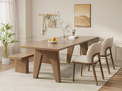Modern Wooden Dining Table Set with Chairs Bench Fruit Bowl Vase and Books 3d model