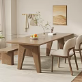 Modern Wooden Dining Table Set with Chairs Bench Fruit Bowl Vase and Books