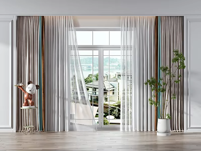 Double Layer Sheer And Solid Curtain With Light Color For Window View And Indoor Plant 3d model