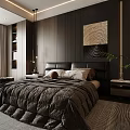 Modern Bedroom Interior With Wooden Walls Ambient Lighting Upholstered Bed Abstract Painting Potted Plant And Rug