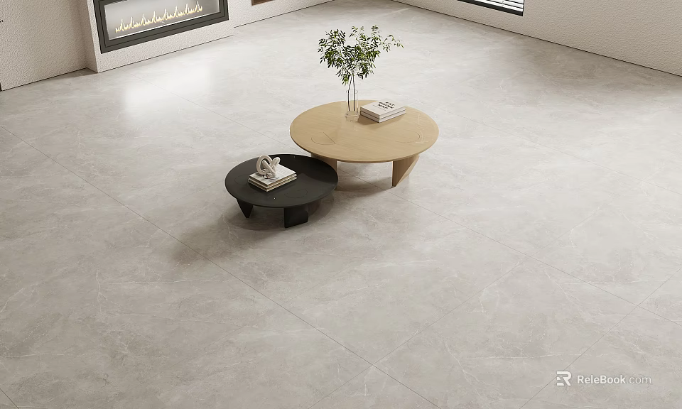 Gray Floor Tiles In Living Room With Round Coffee Tables And Potted Green Plant 3d model 