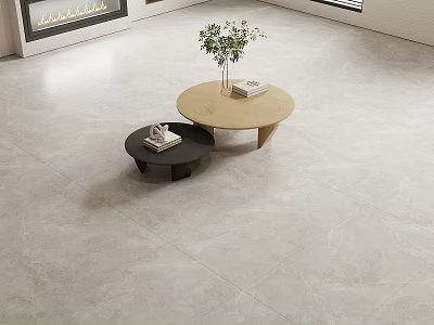 Gray Floor Tiles In Living Room With Round Coffee Tables And Potted Green Plant 3d model