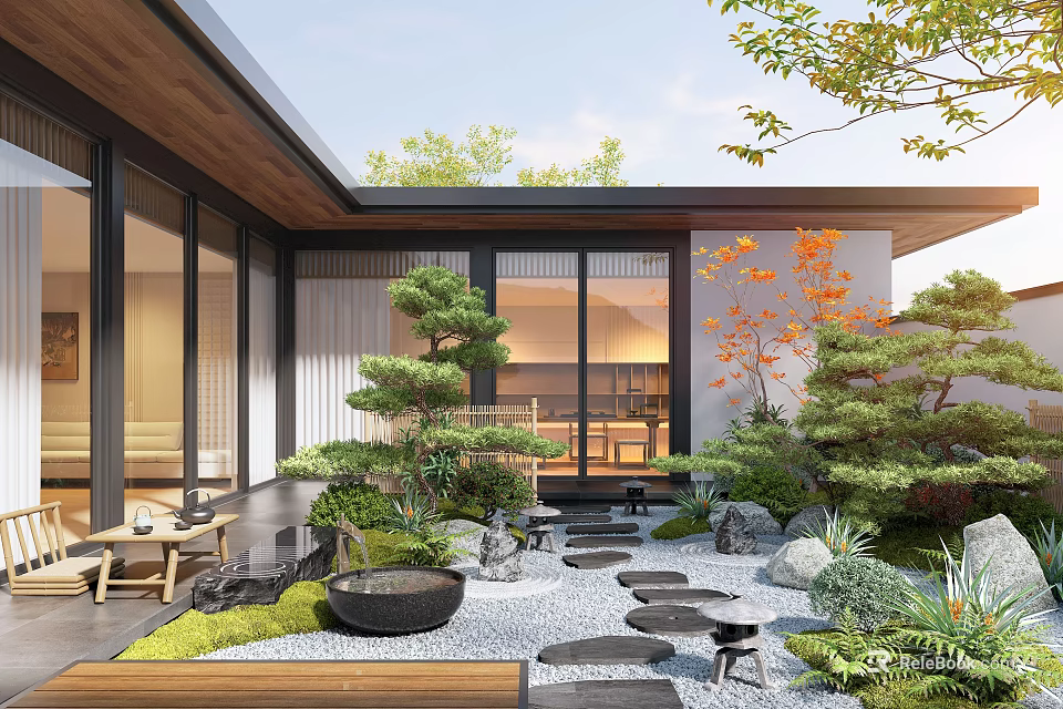 Modern Japanese Courtyard Garden With Stepping Stones Stone Lanterns Wooden Structure And Glass Doors 3d model 