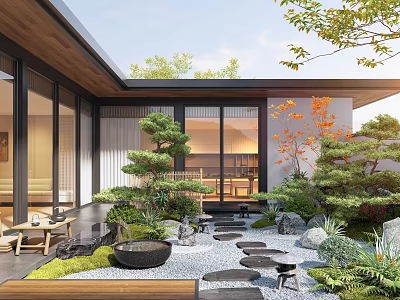 Modern Japanese Courtyard Garden With Stepping Stones Stone Lanterns Wooden Structure And Glass Doors 3d model
