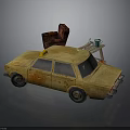 Yellow Old Taxi With Red Chair Small Table Blue Teapot And Green Cup On Roof