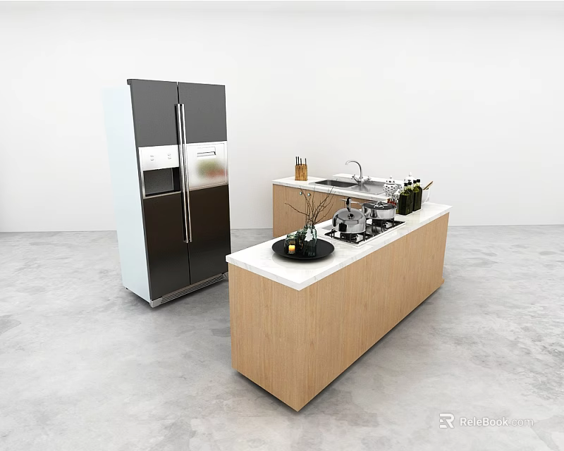 Modern Kitchen Interior With Wooden Island Countertop Sink And Cabinets 3d model 