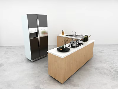 Modern Kitchen Interior With Wooden Island Countertop Sink And Cabinets 3d model