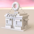 Cartoon Fruit Shop Scene With Large Donut Decoration Colorful Flags And Pink Blue Building