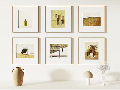 White Wall Decor with Framed Art Prints and Shelf Decorative Items 3d model