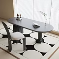 Round Gray Home Desk With Notebook Vase Plant Chair Window Blinds And Patterned Rug