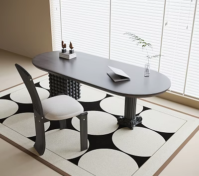 Round Gray Home Desk With Notebook Vase Plant Chair Window Blinds And Patterned Rug 3d model