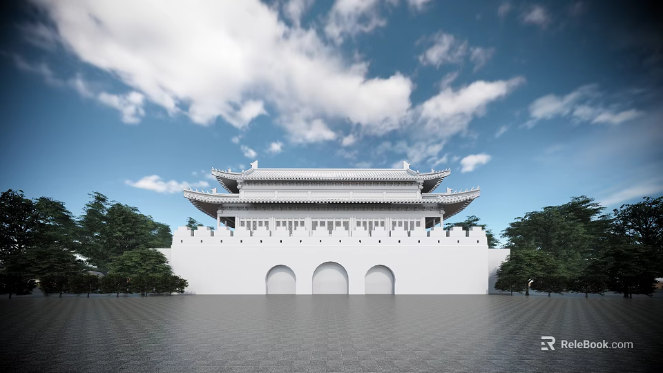 Traditional Entrance Gate With Double-Eaved Roof White Walls Arch Doorways Open Square And Green Trees 3d model 