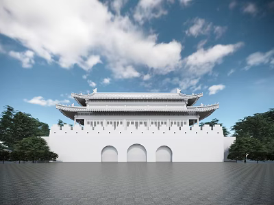 Traditional Entrance Gate With Double-Eaved Roof White Walls Arch Doorways Open Square And Green Trees 3d model
