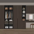 Modern Wooden Wardrobe Interior Design with Glass Doors Hanging Clothes Dressing Table Mirror and Chair