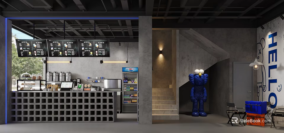Modern Bubble Tea Shop Interior With Gray Counter Staircase Beverage Machines And Blue Cartoon Statue 3d model 