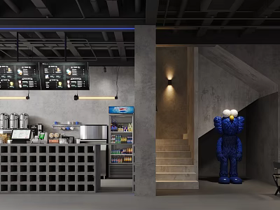 Modern Bubble Tea Shop Interior With Gray Counter Staircase Beverage Machines And Blue Cartoon Statue 3d model