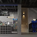 Modern Bubble Tea Shop Interior With Gray Counter Staircase Beverage Machines And Blue Cartoon Statue