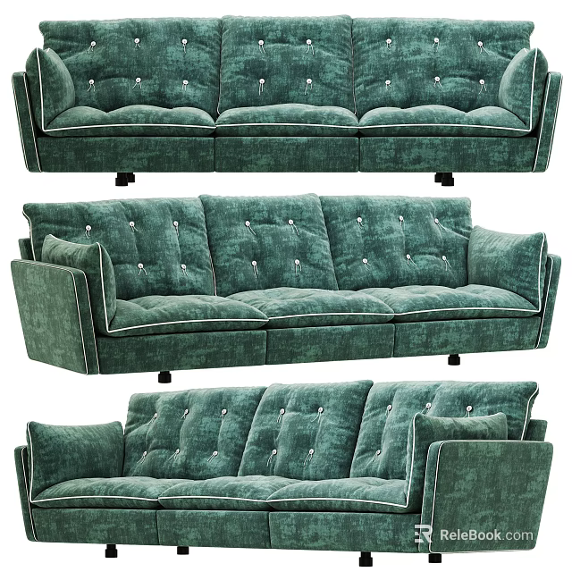 Green Velvet Three Seater Sofa With Button Tufted Design And Metal Legs 3d model 