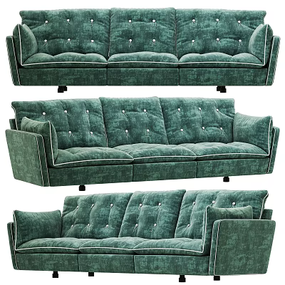 Green Velvet Three Seater Sofa With Button Tufted Design And Metal Legs 3d model