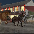 Ancient Architecture Scene With Black And White Horses Pulling Carriage And Red Lanterns At Night