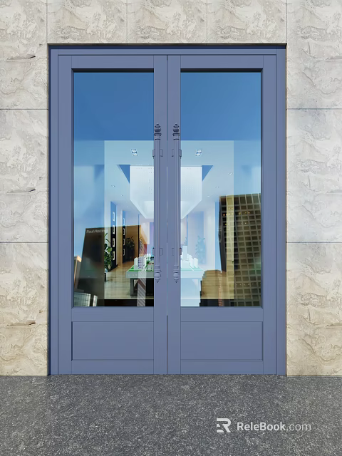 Modern Double Doors With Glass Panels And Gray Frame In Stone Wall Entrance 3d model 
