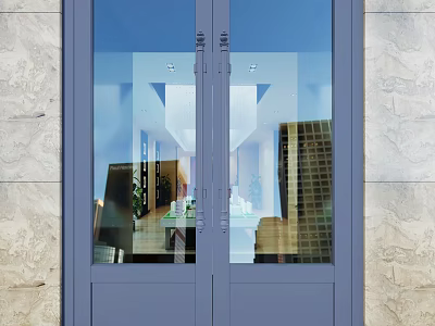 Modern Double Doors With Glass Panels And Gray Frame In Stone Wall Entrance 3d model