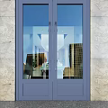 Modern Double Doors With Glass Panels And Gray Frame In Stone Wall Entrance