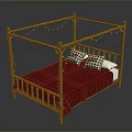 Wooden Four Poster Bed With Red Plaid Bedspread Black White Checkered Pillows And String Lights