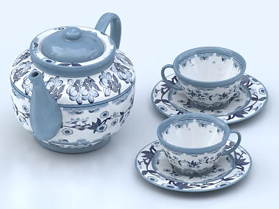 Blue and White Floral Pattern Porcelain Tea Set with Teapot Teacups and Saucers 3d model