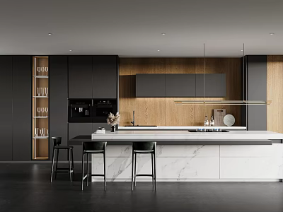 Modern Kitchen Interior With Black Cabinets Wooden Wall And Marble Island Counter 3d model