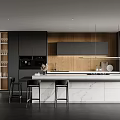 Modern Kitchen Interior With Black Cabinets Wooden Wall And Marble Island Counter