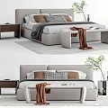 Gray Upholstered Double Bed with Soft Pillows Nightstand Bench and Patterned Rug 3d model