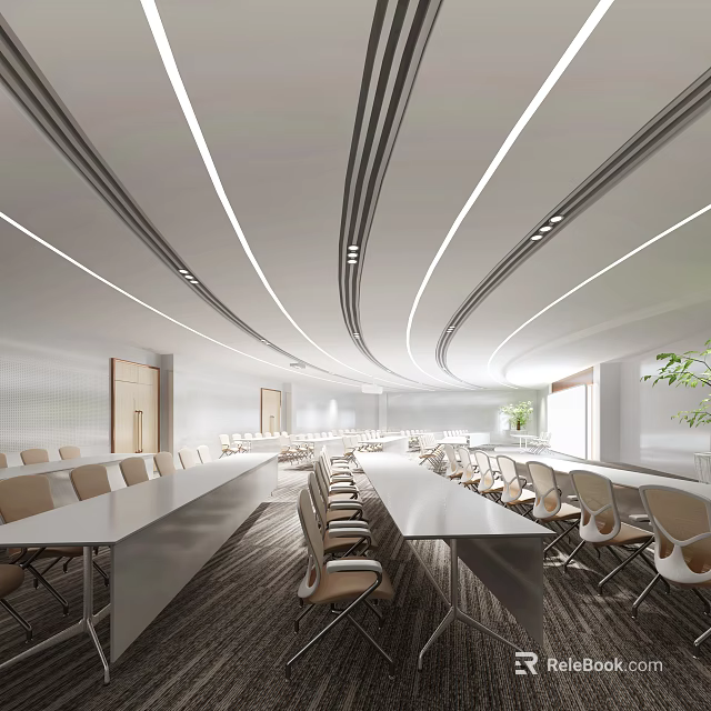 Modern Conference Room With Long Tables Chairs Curved Ceiling Lights And Green Plants 3d model 