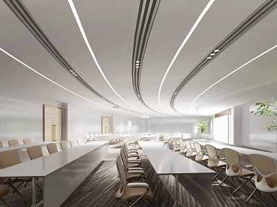 Modern Conference Room With Long Tables Chairs Curved Ceiling Lights And Green Plants 3d model
