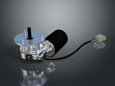 Electric Motor With Silver Metal Housing Black Cylindrical Body And Wiring Harness Connector 3d model