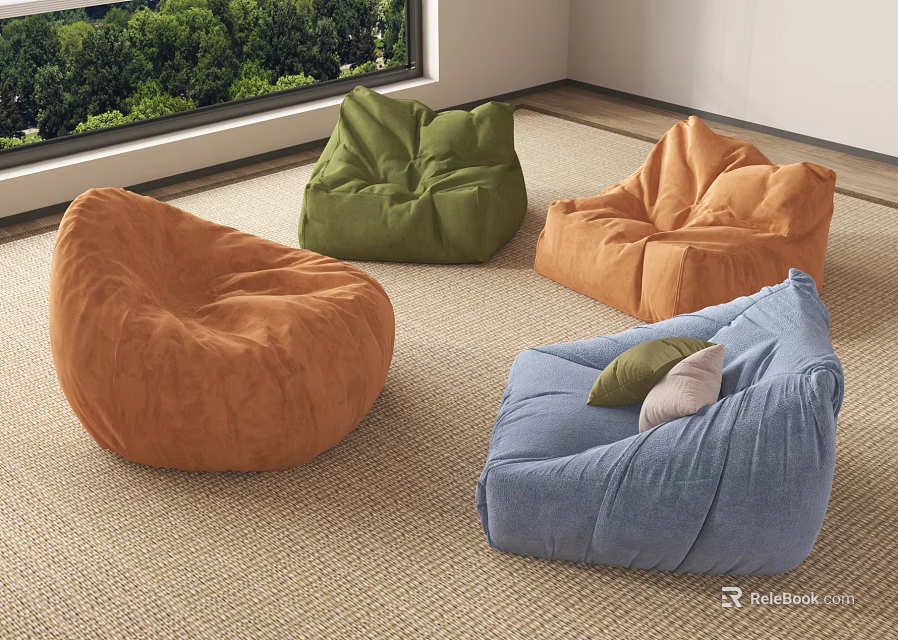 Colorful Bean Bag Chairs in Modern Living Room with Carpet and Green Window View 3d model 