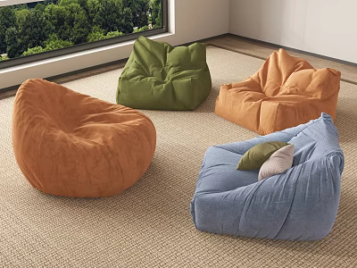 Colorful Bean Bag Chairs in Modern Living Room with Carpet and Green Window View 3d model