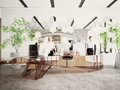 Modern Office Front Desk Reception With Hexagonal Decor Green Plants And Staff 3d model