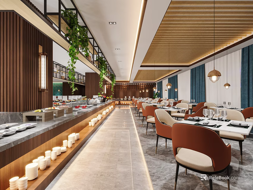 Elegant Restaurant Interior With Wooden Panels Green Plants And Dining Tables 3d model 