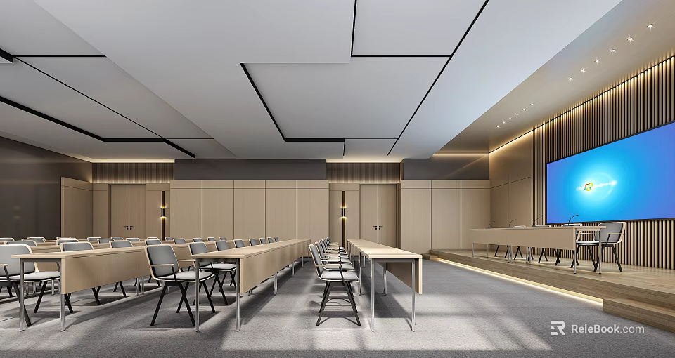 Modern Conference Room Interior With Long Tables Chairs Wooden Walls Ceiling Lines And Large Screen 3d model 