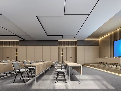 Modern Conference Room Interior With Long Tables Chairs Wooden Walls Ceiling Lines And Large Screen 3d model