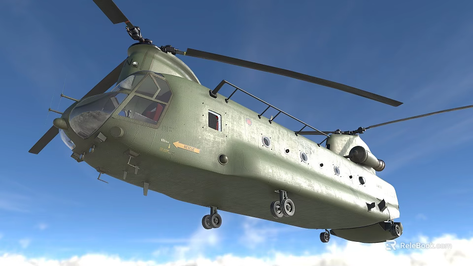 Green Military Helicopter Flying With Rotors Landing Gear And Windows In Blue Sky 3d model 