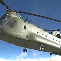 Green Military Helicopter Flying With Rotors Landing Gear And Windows In Blue Sky