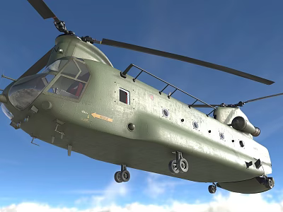 Green Military Helicopter Flying With Rotors Landing Gear And Windows In Blue Sky 3d model