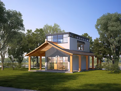 Modern Wooden House With Open Porch Large Glass Windows And Green Grass Surrounded By Trees 3d model